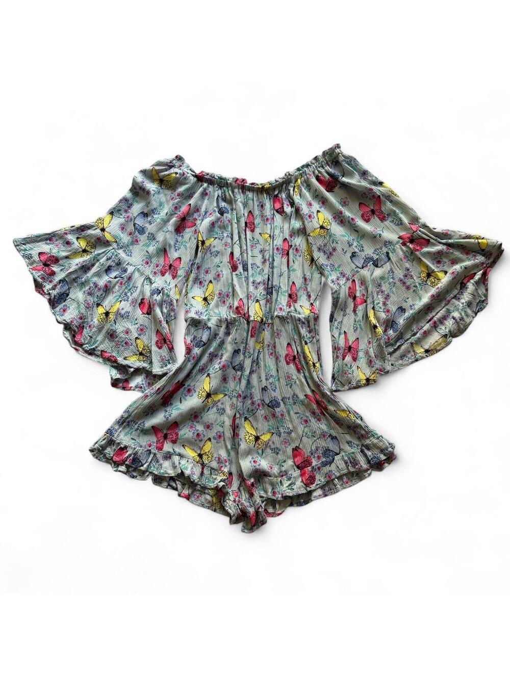 Deja Vu Butterfly Floral Off Shoulder Bell Sleeve Romper Women's Small Boho